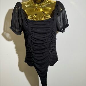 Liz & Sara Black Ruched Mesh Puff Sleeve Bodysuit Large